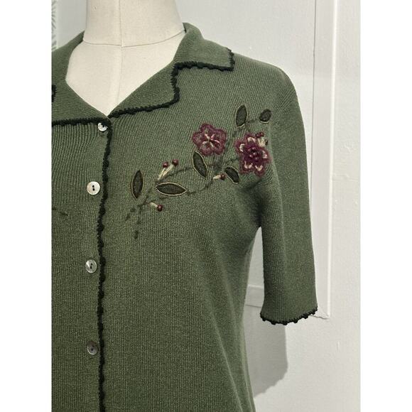 Vintage Koret Womens Green Knitted Cardigan Embroidered Flowers Size Petite Sm - Picture 5 of 11